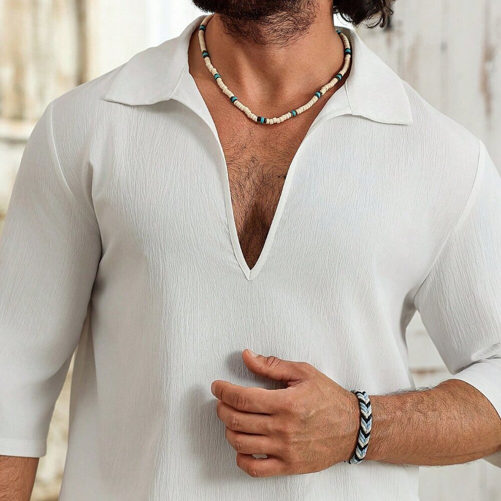 White Casual Men's Deep V-Neck Polo Shirt And Pants Set - Picture 5 of 6
